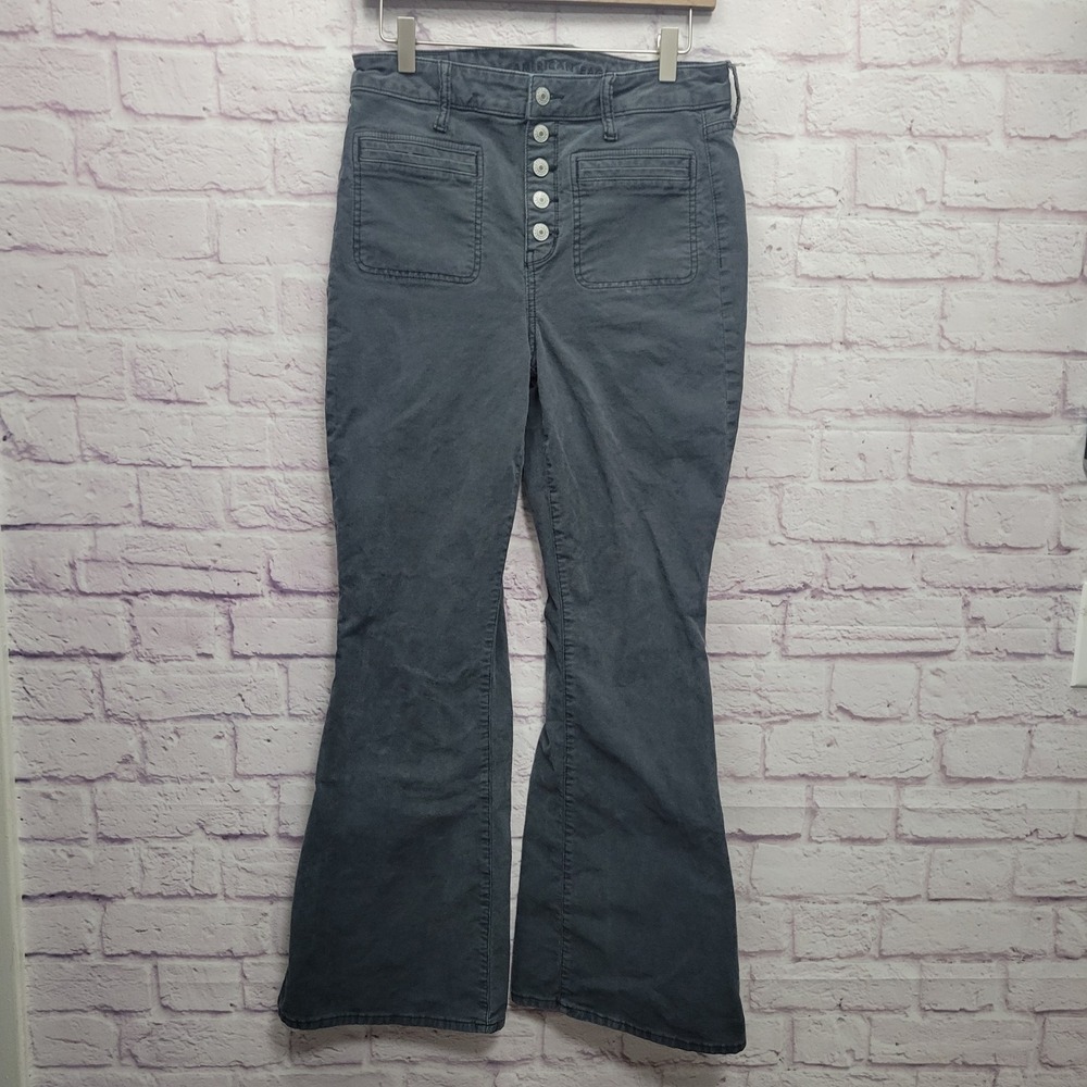 American Eagle Corduroy Flare Jeans Womens 10 Gray‎ High Rise Stretch Button Fly